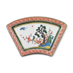 Fan-shaped dish with design of pine-tree, bamboo, plum-tree and bird, enamelled ware