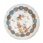 Large lobed bowl with design of bamboo and two birds surrounded by roundel patterns, enamelled ware