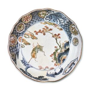 Large lobed bowl with design of maple-tree and deer, enamelled ware