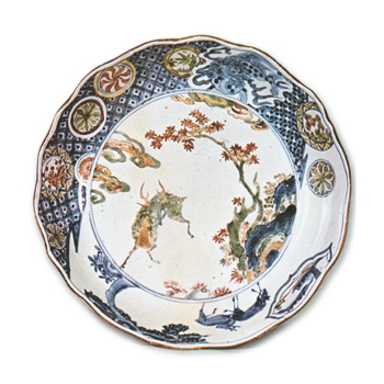 Large lobed bowl with design of maple-tree and deer, enamelled ware