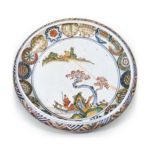 Bowl with design of landscape with a figure on boat, enamelled ware