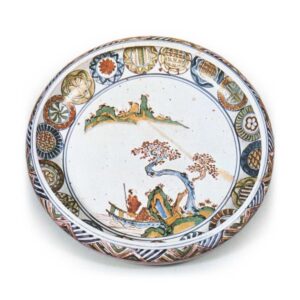 Bowl with design of landscape with a figure on boat, enamelled ware