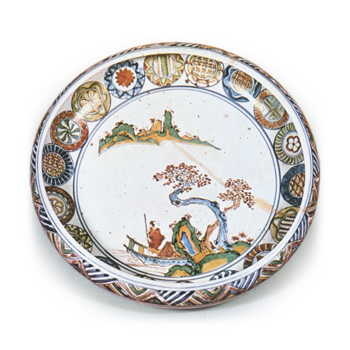 Bowl with design of landscape with a figure on boat, enamelled ware