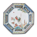 Octagonal bowl with design of two birds resting on bamboo, enamelled ware