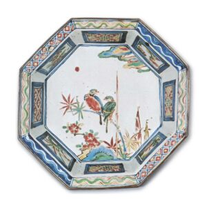 Octagonal bowl with design of two birds resting on bamboo, enamelled ware