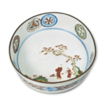 Bowl with design of two figures under the tree, enamelled ware