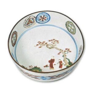 Bowl with design of two figures under the tree, enamelled ware