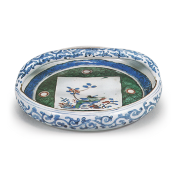 Bowl with handle across mouth, with design of shikishi (square sheet of paper for poetic writing or painting) with flower-and-bird, enamelled