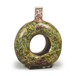 Circle-shaped wine bottle with floral arabesque design, enamelled ware