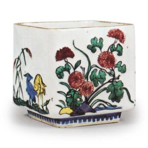 Square wine cup with design of autumn grasses and herons, enamelled ware