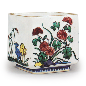 Square wine cup with design of autumn grasses and herons, enamelled ware