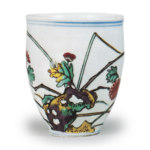 Wine cup with chrysanthemum, reed and heron design, enamelled ware