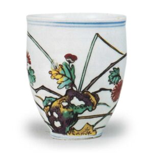 Wine cup with chrysanthemum, reed and heron design, enamelled ware