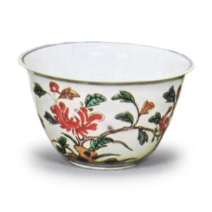 Six wine cups with peony design, enamelled ware