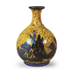 Wine bottle with design of landscape with houses, enamelled ware