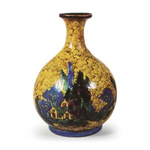 Wine bottle with design of landscape with houses, enamelled ware