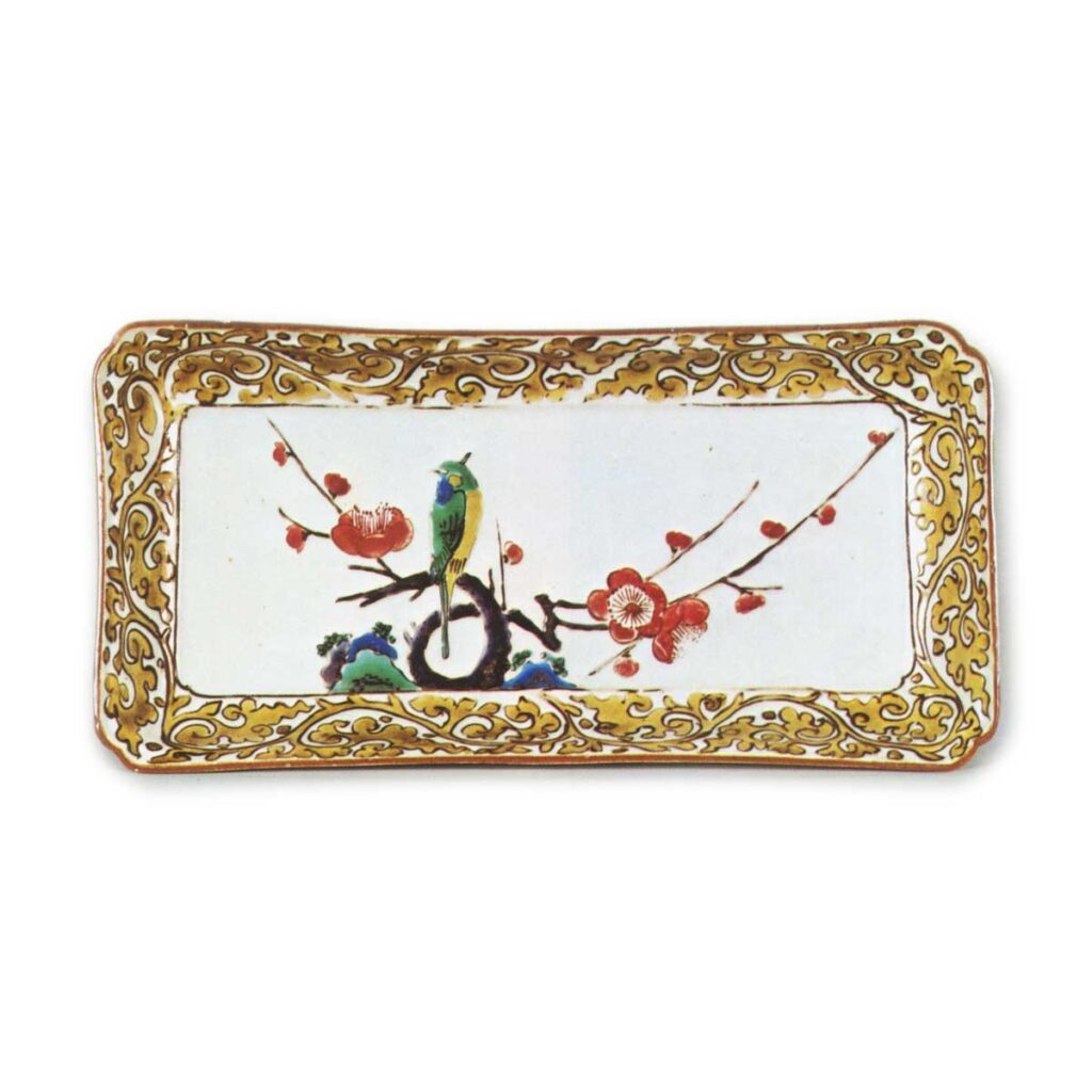 Rectangular dish with design of plum-tree and bush warbler, enamelled ware