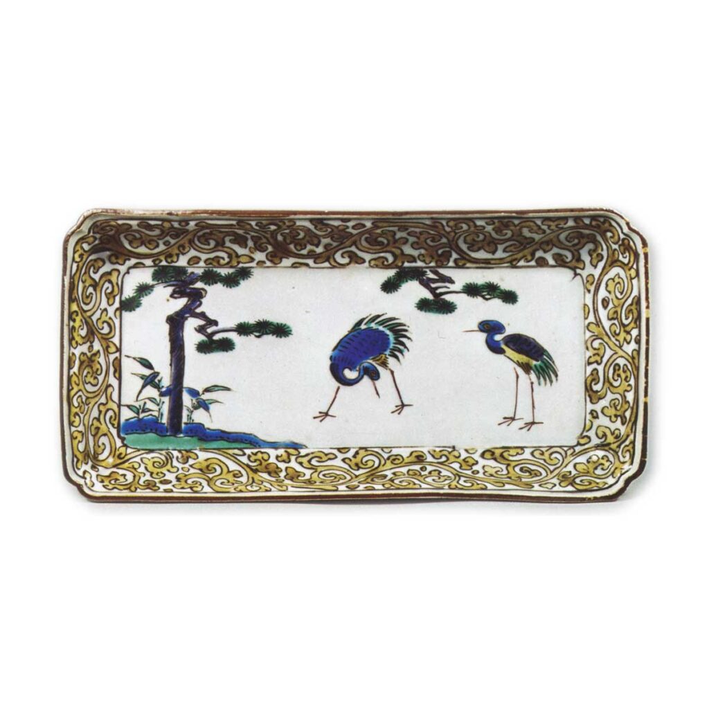 Rectangular dish with pine-tree and crane design, enamelled ware