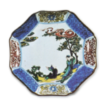 Octagonal dish with design of figure under the tree, enamelled ware