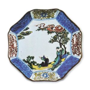 Octagonal dish with design of figure under the tree, enamelled ware