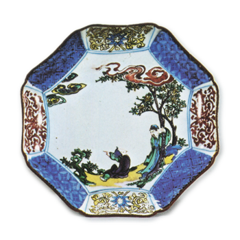 Octagonal dish with design of figure under the tree, enamelled ware