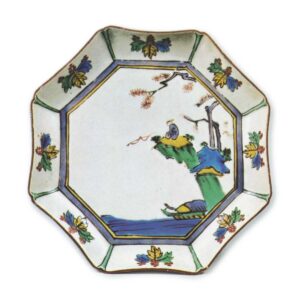 Octagonal dish with angler design, enamelled ware