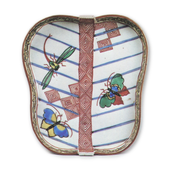 Dish in the shape of gunbai (military general's baton), with design of butterflies and dragonfly, enamelled ware