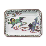 Rectangular dish with lion design, enamelled ware