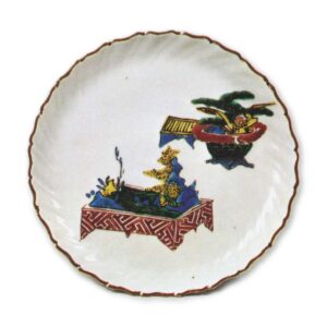 Foliated dish with design of potted trees, enamelled ware