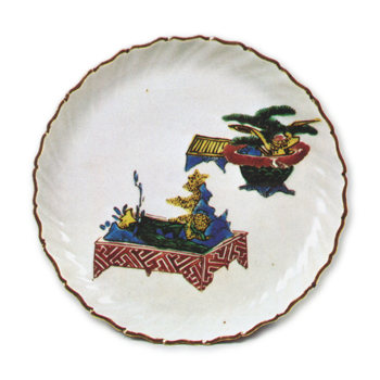 Foliated dish with design of potted trees, enamelled ware