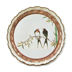 Foliated dish with design of two swallows on bamboo, enamelled ware