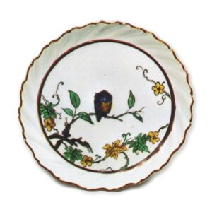 Foliated dish with owl design, enamelled ware