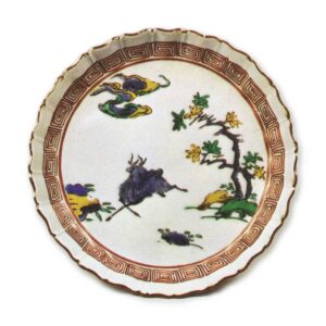 Foliated dish with maple-tree and deer design, enamelled ware