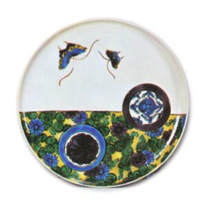 Dish with butterfly and roundel design, enamelled ware