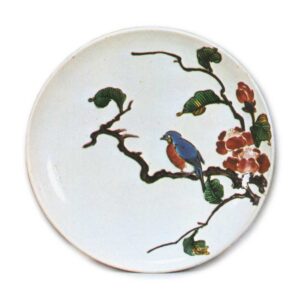 Dish with design of bird on camellia branch, enamelled ware