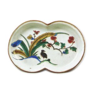 Dish with flowering grass and bird design, enamelled ware