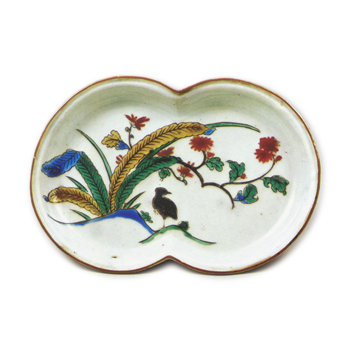 Dish with flowering grass and bird design, enamelled ware