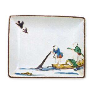 Rectangular dish with design of two fishermen on boat, enamelled ware