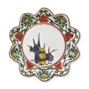 Lobed dish with bamboo and hare design, enamelled ware