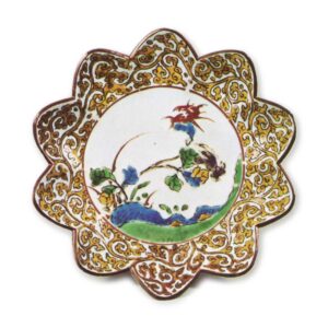 Lobed dish with peony design, enamelled ware