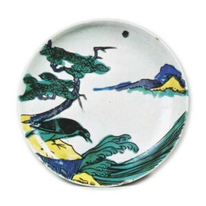 Dish with design of landscape with bird, enamelled ware