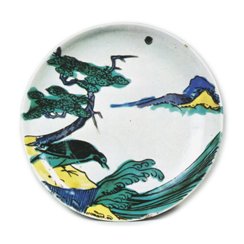 Dish with design of landscape with bird, enamelled ware