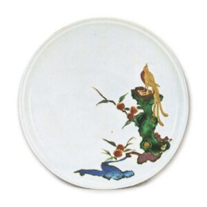 Dish with flowering grass and bird design, enamelled ware