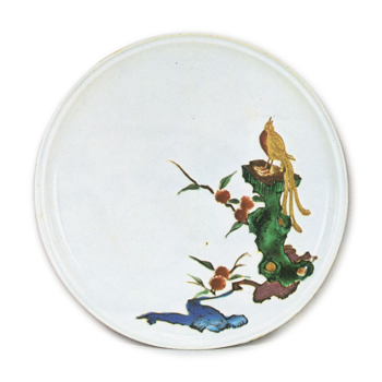 Dish with flowering grass and bird design, enamelled ware