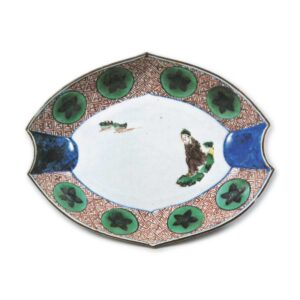 Dish with design of figure watching sea-gulls, enamelled ware