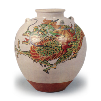 Ninsei: tea jar with dragon design, enamelled ware