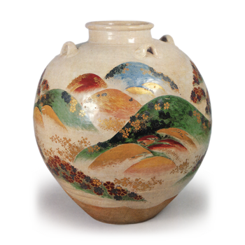 Ninsei: tea jar with Mt. Yoshino design, enamelled ware