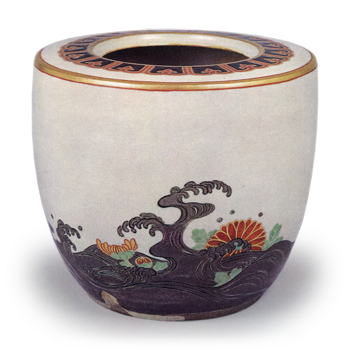 Ninsei: water jar with wave and chrysanthemum design, enamelled ware