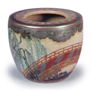 Ninsei: water jar with bridge and willow design, enamelled ware