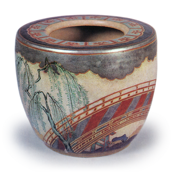 Ninsei: water jar with bridge and willow design, enamelled ware